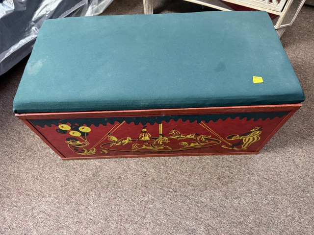 Hand-painted antique wooden trunk with a circus-themed design